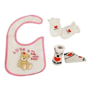 Baby Girl Newborn Gift Set Teddy Bear Bib, Mittens, Socks Gift Set